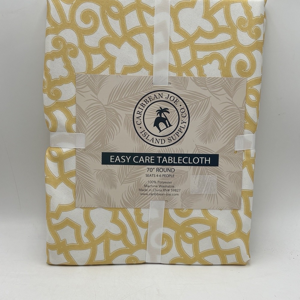 Caribbean Joe 70" Round Tablecloth Yellow White Trellis Indoor Outdoor NWT